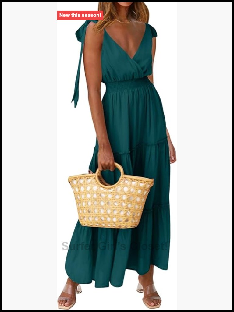 Smocked Waist Cross V Neck Tie Straps Sleeveless Tiered Maxi Dress